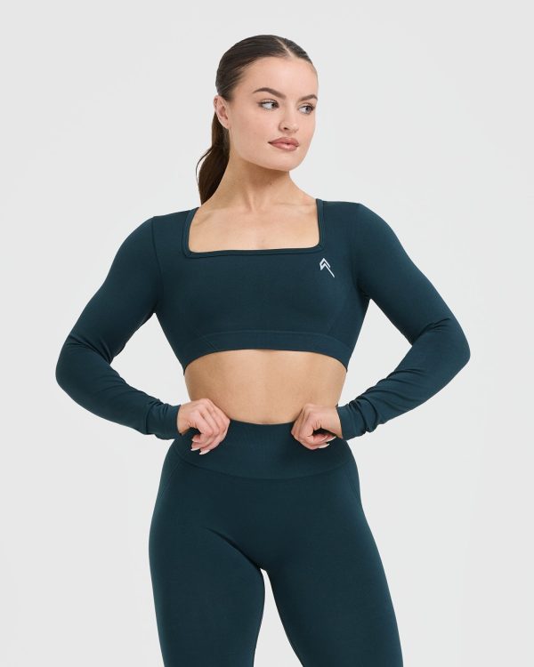 Effortless Square Neck Crop Long Sleeve Top | Oil Blue Discount